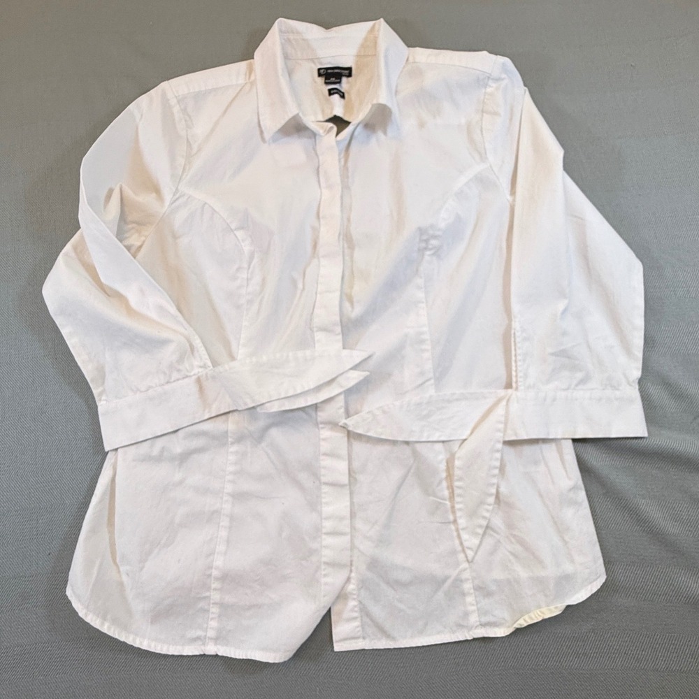 New Directions Petite White Cotton Button Down Shirt 3/4 Tie Sleeve Size PS 2494
